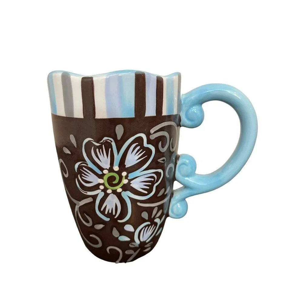 Pier‎ 1 Imports Handpainted Dolomite Coffee Mug w/Scalloped Edge Brown Blue